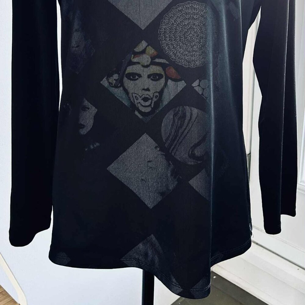 Vintage Simon Chang Black Pop Art Mesh Layered Long Sleeve Top – US M - Picture 4 of 13